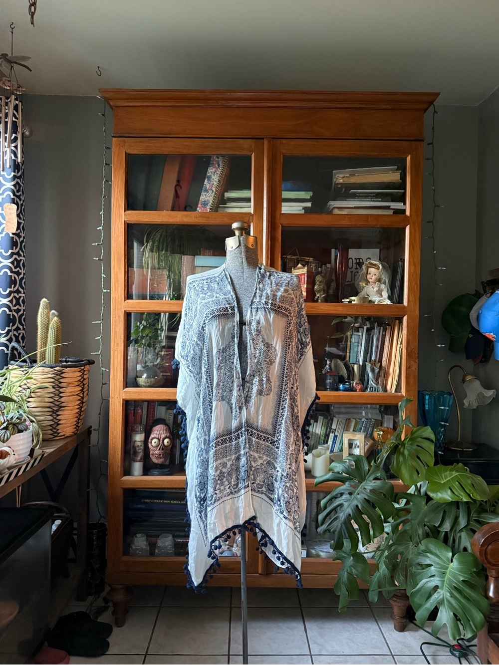 Women’s Blue and White Boho Kimono Cover-Up Pom Pom Trim One Size